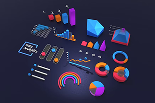 Three dimensional data analytics visuals of bar graphs, line graphs, pie charts, and more on a dark background.